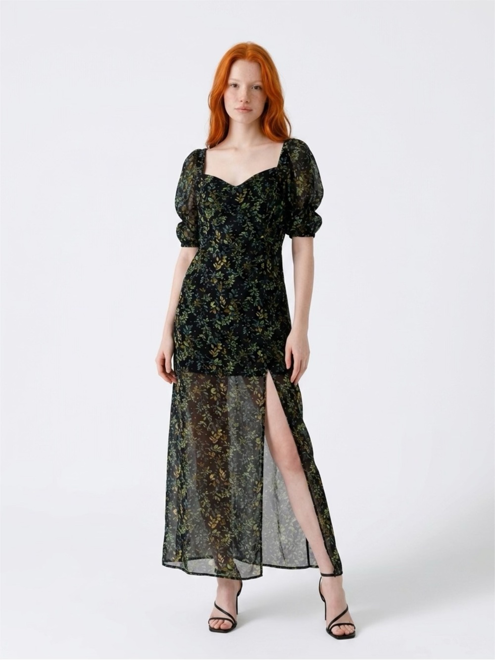 🌿 Mi Ami by Francesca’s Black & Green Botanical Maxi Dress – Size XL 🌿